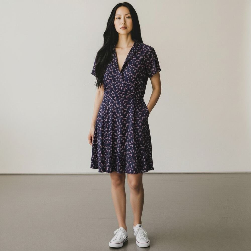 Modcloth Women Navy Floral Collared Faux Wrap Mini Dress Size S